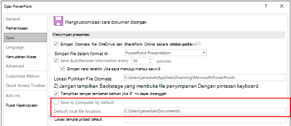 Cuplikan layar dialog Opsi PowerPoint yang menyoroti bagian untuk menyesuaikan lokasi default