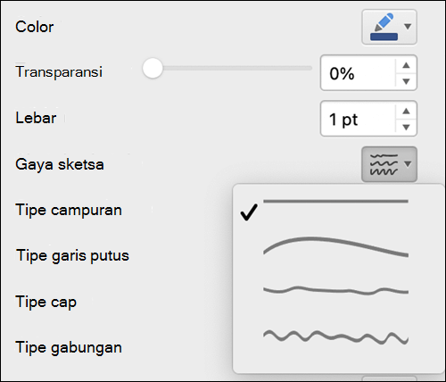 Opsi format garis di Mac dengan gaya Sketsa dipilih