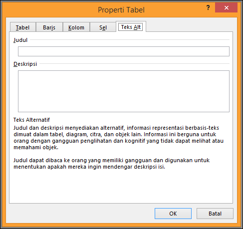 Tab Teks Alt dalam kotak dialog Properti Tabel