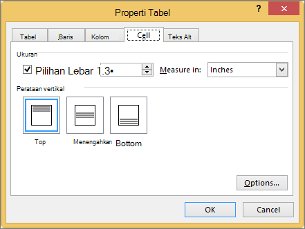 Tab sel dalam kotak dialog Properti Tabel