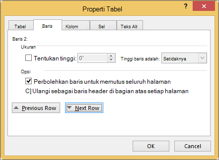 tab Baris dalam kotak dialog Properti Tabel