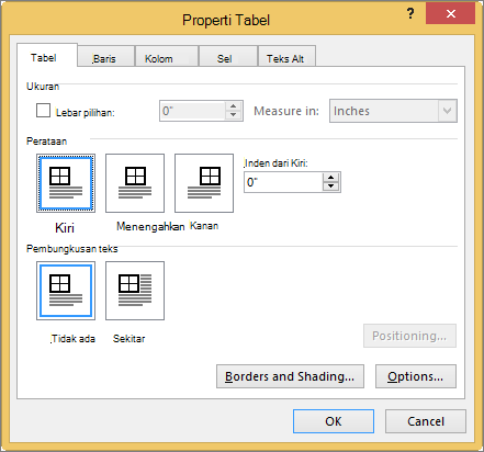 Tab tabel dalam kotak dialog Properti Tabel