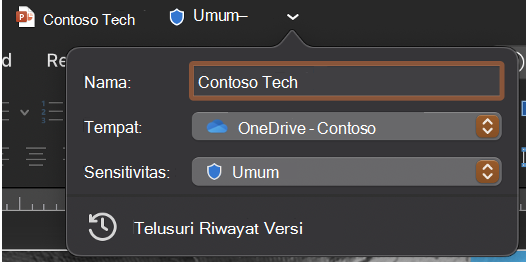 Menu menurun bilah judul yang diperluas yang memperlihatkan nama file, lokasi, dan sensitivitas.