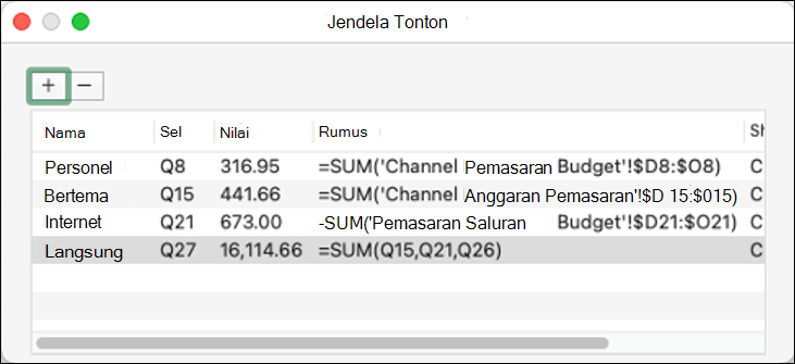 Jendela tonton di Excel 2021 untuk Mac yang menampilkan Nama, Sel, Nilai, dan Rumus