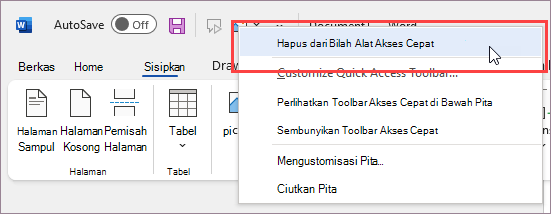 Hapus perintah dari Toolbar Akses Cepat
