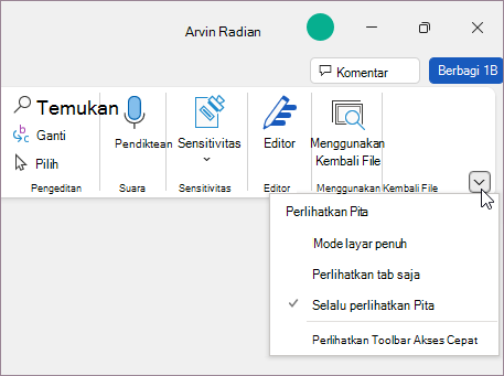 Menu opsi tampilan pita