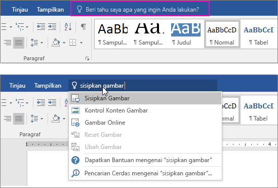 Memperlihatkan kotak pencarian beri tahu saya pada pita di Word.