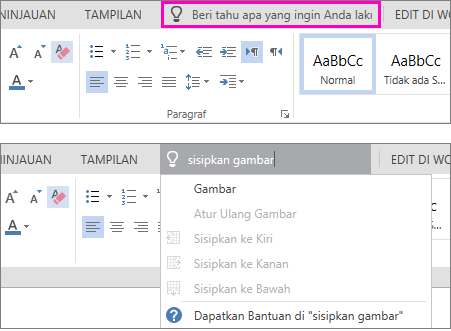 Memperlihatkan kotak pencarian beri tahu saya pada pita di Word Online.