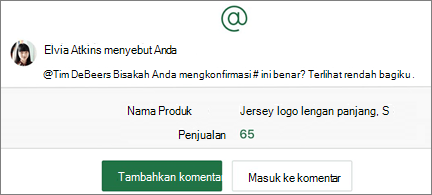 Spreadsheet dengan @mention dan tombol Tambahkan Komentar dan Buka Komentar