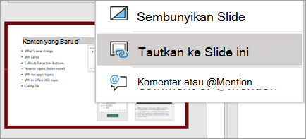 Memperlihatkan menu klik kanan Tautan ke slide ini