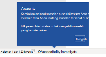Bilah status yang memperlihatkan Pemeriksa Aksesibilitas sedang berjalan