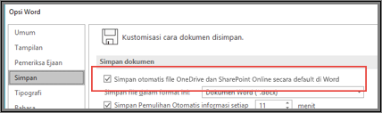 Dialog Simpan Opsi File >> memperlihatkan kotak centang untuk mengaktifkan atau menonaktifkan simpan otomatis