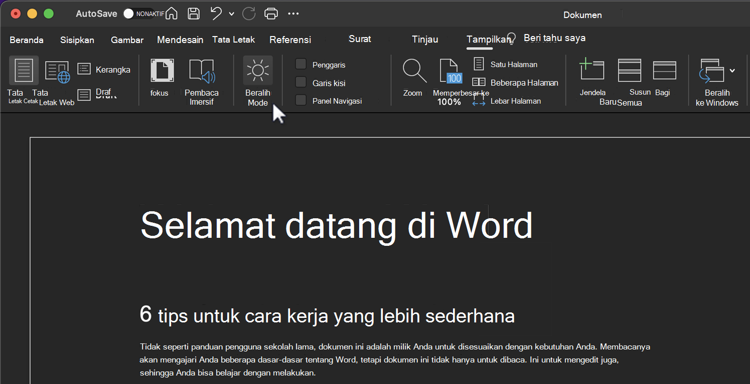 Beralih mode untuk fitur mode Gelap.