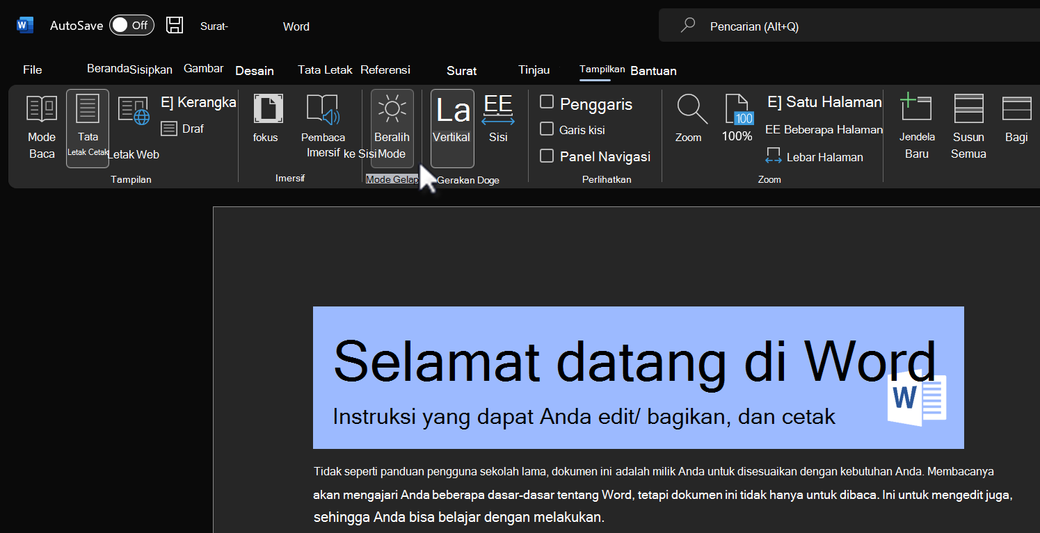Beralih mode untuk fitur mode Gelap.