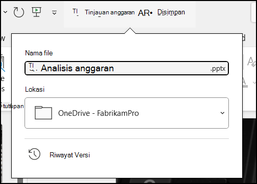 Menu menurun dari judul dokumen di Word untuk Office 365