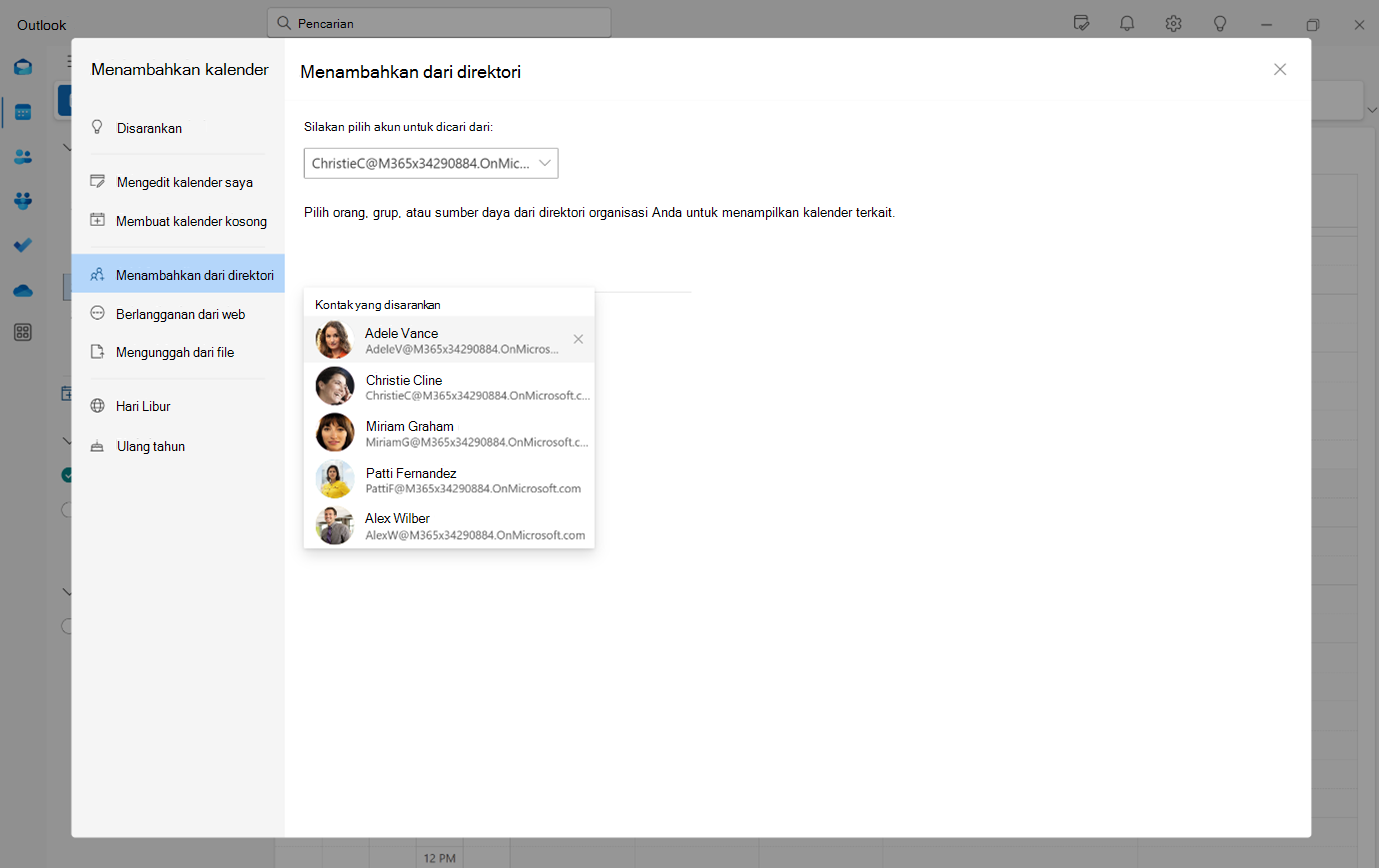 Cuplikan layar memperlihatkan tambahkan outlook baru dari direktori dengan kontak yang disarankan