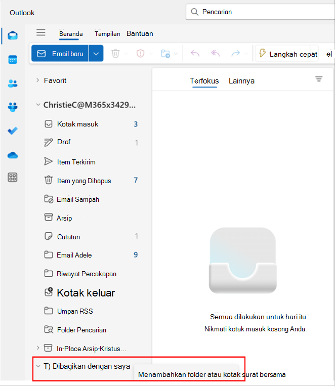 Cuplikan layar popup di Outlook untuk menambahkan folder atau kotak surat bersama