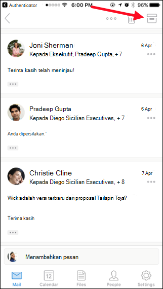 Anda dapat mengarsipkan pesan dengan mengetuk tombol Arsip
