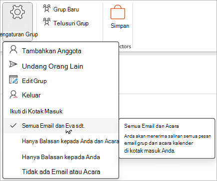 Pilih Pengaturan grup dari pita lalu pilih item yang ingin Anda ikuti atau berhenti ikuti