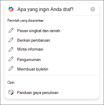 Opsi panjang dan nada untuk dipilih saat menyusun draf email di Outlook dengan Copilot