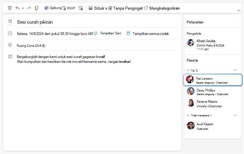 Gambar memperlihatkan panel pelacakan rapat di mana seseorang bisa melihat semua respons untuk setiap undangan bersama dengan informasi tambahan baru tentang apakah setiap peserta akan berpartisipasi secara langsung atau secara virtual.
