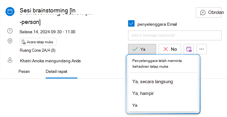 Gambar memperlihatkan tombol menu RSVP hibrid untuk Ya dengan menu menurun diperluas, di mana seseorang dapat melihat tiga opsi yang berbeda: Ya, secara langsung, Ya, hampir dan Ya.