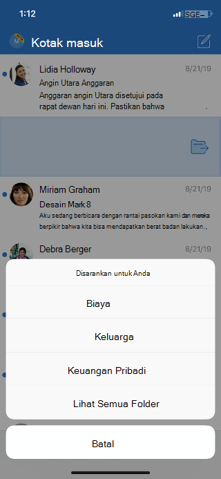 Memperlihatkan kotak masuk dengan daftar opsi folder dan opsi untuk melihat semua folder.