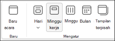Cuplikan layar pita di Outlook baru dengan pilihan untuk mengubah tampilan kalender Anda