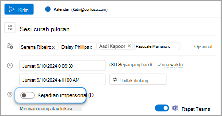 Aktifkan tombol alih Acara langsung untuk ditampilkan kepada penerima rapat yang sedang berlangsung secara langsung.