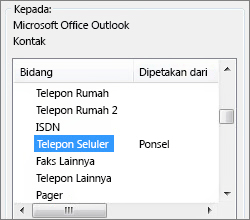 Cell ph dipetakan ke bidang Telepon Seluler Outlook