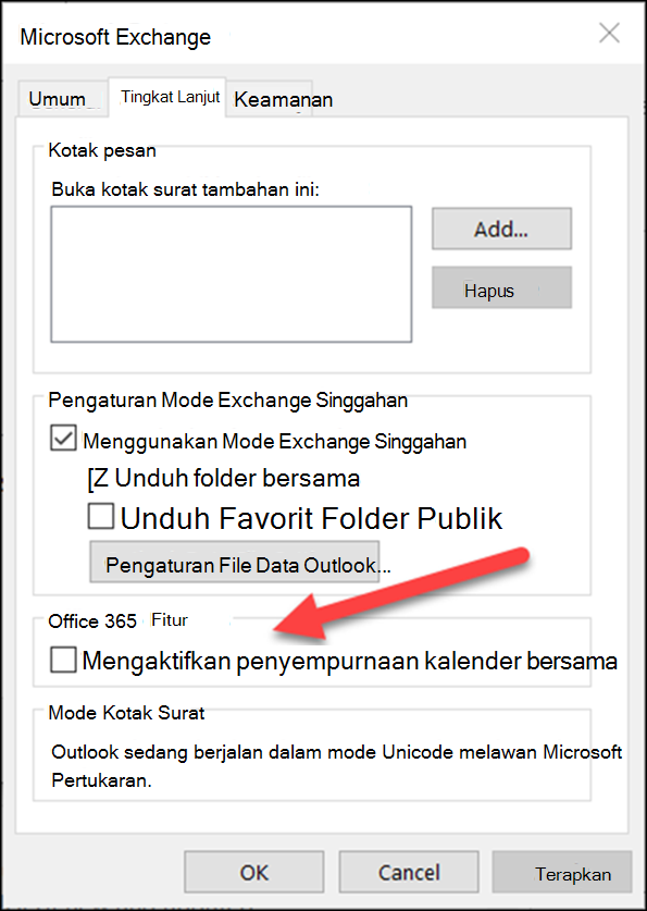 Anda dapat mengaktifkan penyempurnaan kalender bersama dengan kotak centang.
