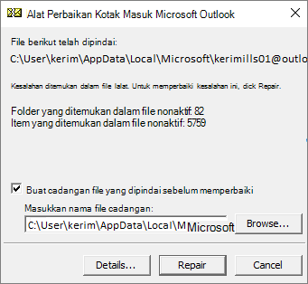 Memperlihatkan hasil file data Outlook .pst yang dipindai menggunakan alat Microsoft Inbox Repair, SCANPST.EXE