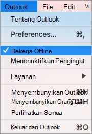 Memperlihatkan opsi Bekerja Offline yang dipilih pada menu Outlook