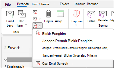 Cuplikan layar memperlihatkan menu menurun Blokir Pengirim dengan Opsi Email Sampah dipilih