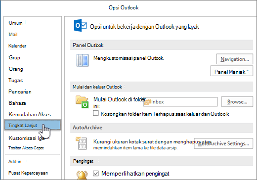 Opsi Outlook dengan Tingkat Lanjut dipilih