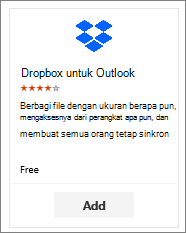 Cuplikan layar ubin add-in Dropbox untuk Outlook yang tersedia secara gratis.