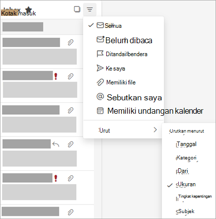 Cuplikan layar menu Filter dengan Urutkan menurut dipilih
