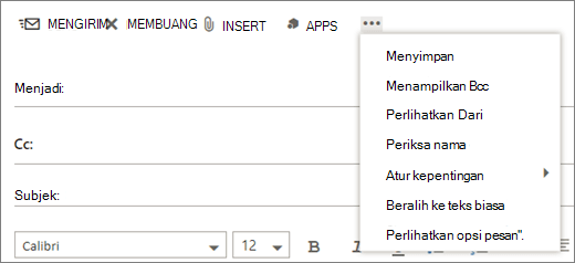 Cuplikan layar memperlihatkan opsi yang tersedia dari perintah Lainnya pada toolbar pesan email.