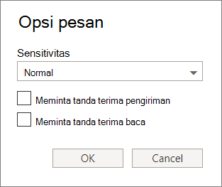 Cuplikan layar memperlihatkan kotak dialog Opsi Pesan memperlihatkan opsi untuk mengatur tingkat Sensitivitas dan meminta pengiriman atau tanda terima baca.