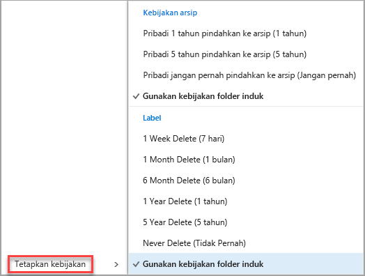 Klik kanan pesan untuk melihat opsi penetapan kebijakan