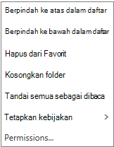 Cuplikan layar yang memperlihatkan menu konteks atau pintasan yang muncul saat Anda mengklik kanan kotak masuk Mail.