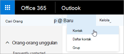 Cuplikan layar menu konteks untuk tombol Baru, dengan Kontak dipilih.