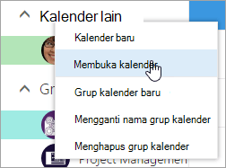 Cuplikan layar menu konteks untuk Kalender Lainnya, dengan Buka Kalender dipilih.