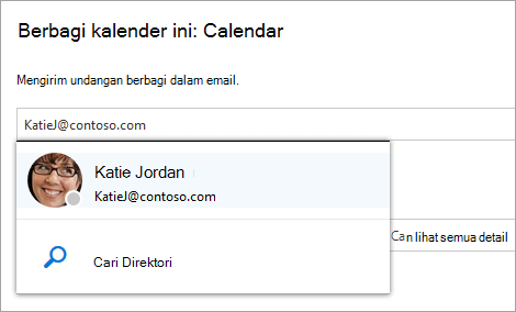 Cuplikan layar untuk dialog Bagikan kalender ini.