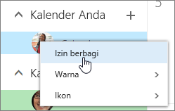 Cuplikan layar menu konteks untuk Kalender Anda, dengan izin Berbagi dipilih.