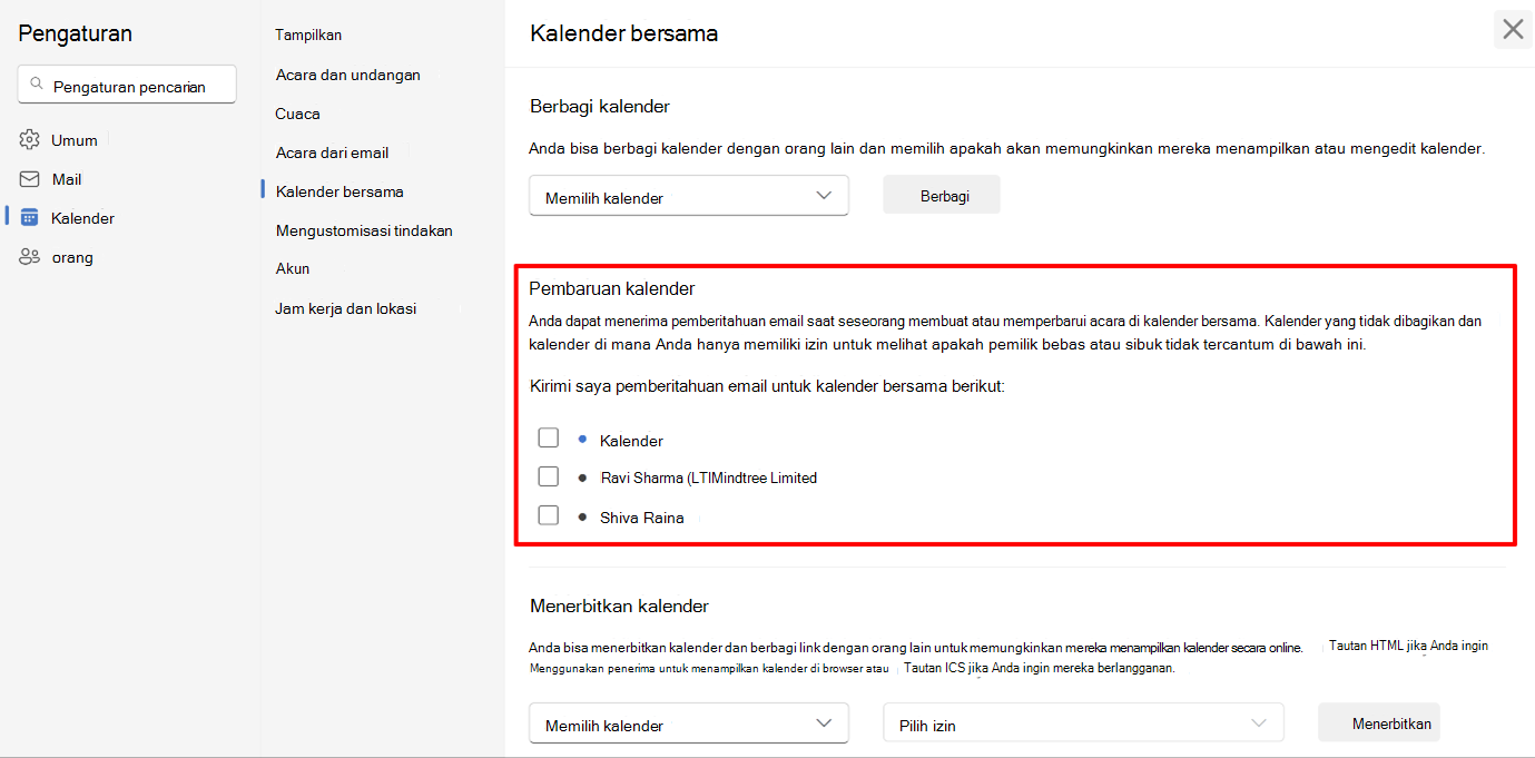 Cuplikan layar memperlihatkan pengguna untuk memilih pemberitahuan kalender