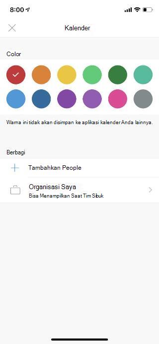 Memperlihatkan kalender di layar seluler. Di bawah bagian Bagikan, terdapat tautan yang mengatakan Tambahkan People.
