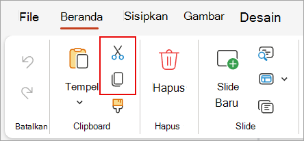 Cuplikan layar memperlihatkan grup Clipboard dengan perintah potong dan salin.