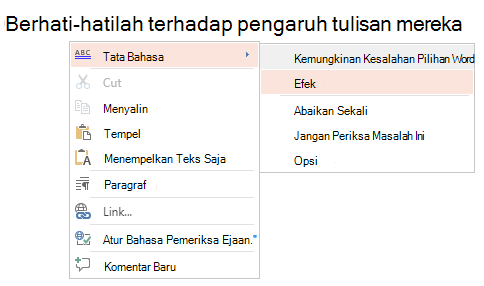 Cuplikan layar menu konteks tata bahasa.