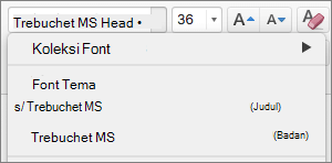 Cuplikan layar memperlihatkan opsi Font Tema untuk Judul dan Isi yang tersedia melalui kontrol menurun Font dalam grup Font pada tab Beranda.